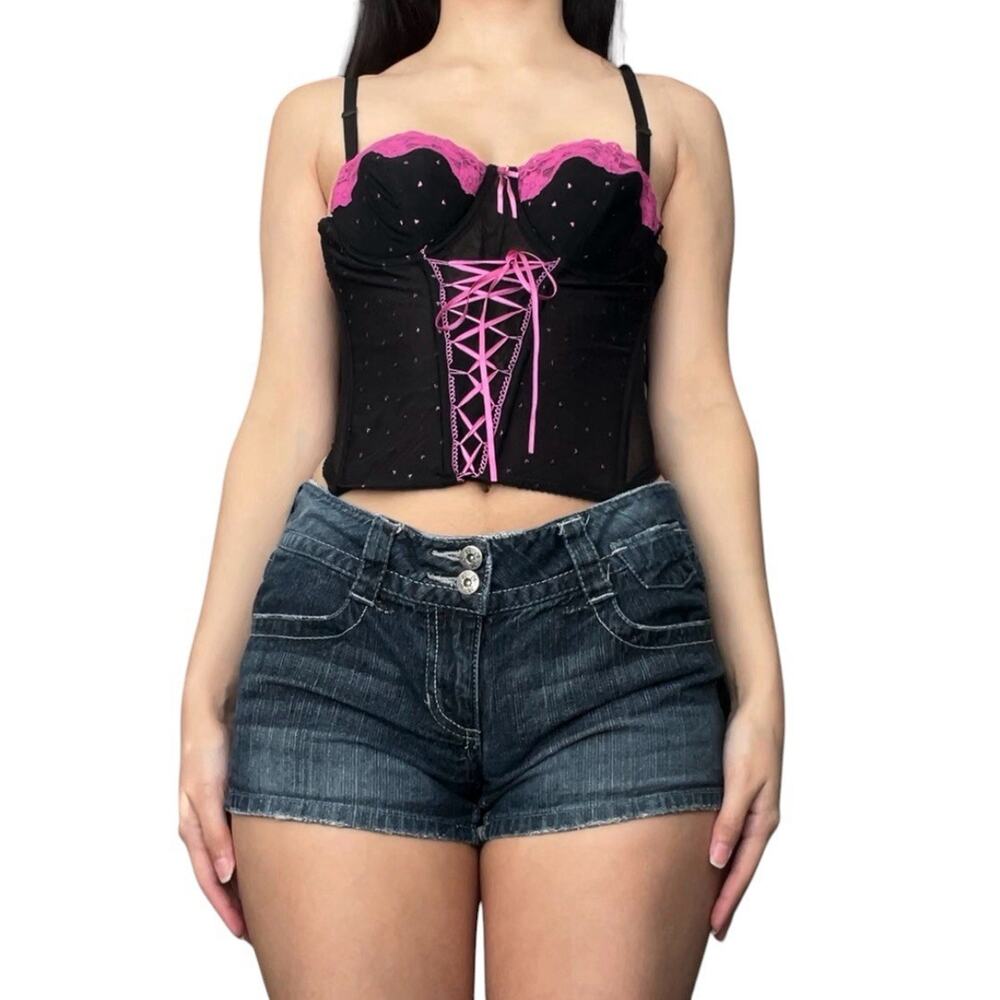 vintage pink and black polka dot lace up corset top